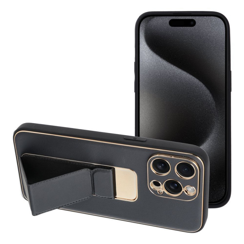 Apple iPhone 15 Pro Max Coque LEATHER Case Kickstand Noir