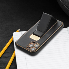 Apple iPhone 15 Pro Max Coque LEATHER Case Kickstand Noir