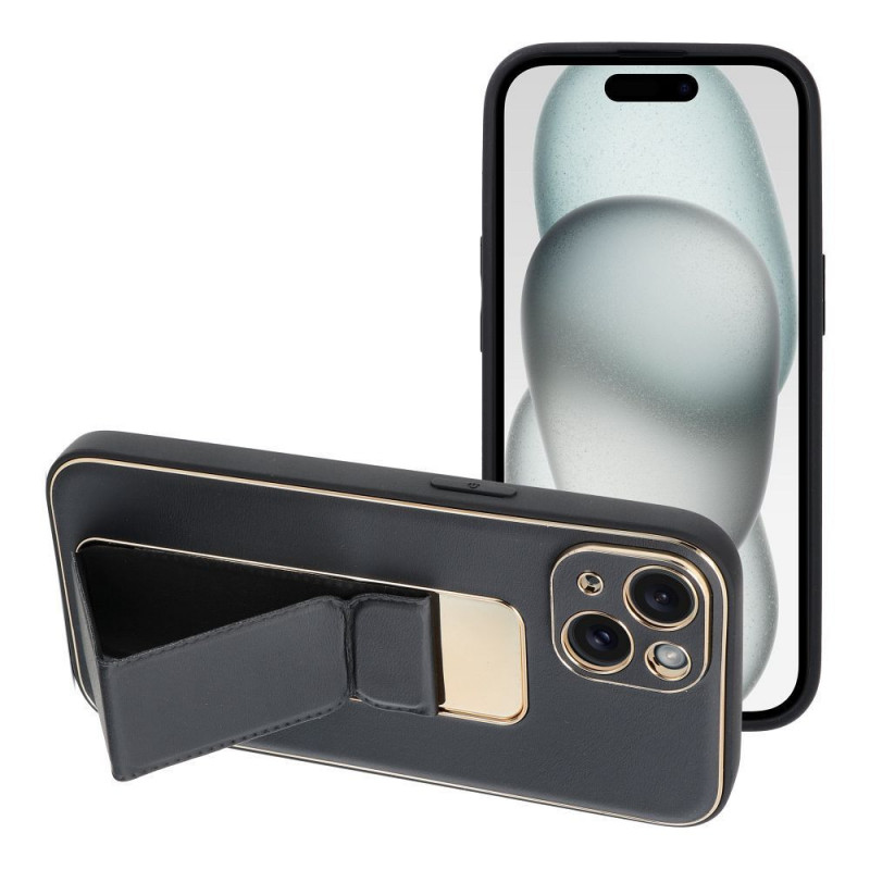 Apple iPhone 15 Coque LEATHER Case Kickstand Noir