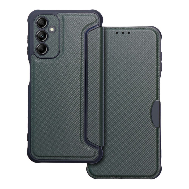 Samsung Galaxy A14 LTE Portefeuilles Razor Book Fibre de carbone, Modèle de carbone  Vert foncé
