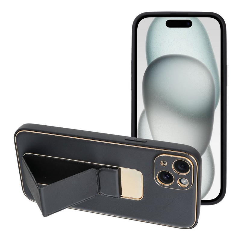 Apple iPhone 15 Plus Coque LEATHER Case Kickstand Noir