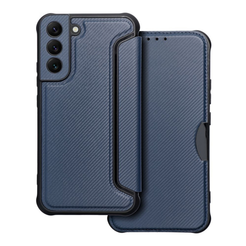 Samsung Galaxy S22 Plus Portefeuilles Razor Book Fibre de carbone, Modèle de carbone  Bleu