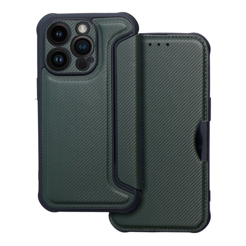 Apple iPhone 14 Pro Portefeuilles Razor Book Fibre de carbone, Modèle de carbone  Vert foncé