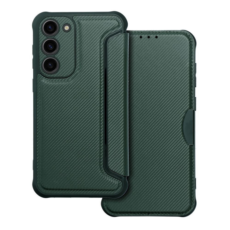 Samsung Galaxy S23 Plus 5G Portefeuilles Razor Book Fibre de carbone, Modèle de carbone  Vert foncé