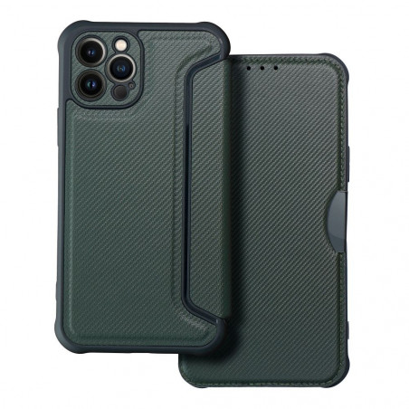 Apple iPhone 12 Pro Portefeuilles Razor Book Fibre de carbone, Modèle de carbone  Vert foncé