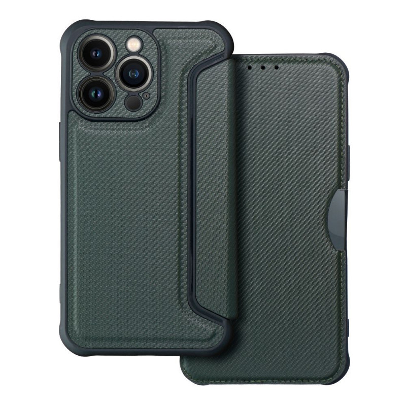 Apple iPhone 13 Pro Portefeuilles Razor Book Fibre de carbone, Modèle de carbone Vert foncé Apple iPhone 13 Pro Portefeuilles Razor Book Fibre de carbone, Modèle de carbone Vert foncé