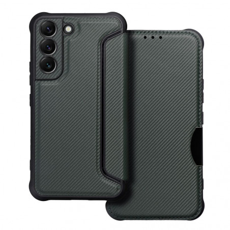 Samsung Galaxy S22 Portefeuilles Razor Book Fibre de carbone, Modèle de carbone  Vert foncé
