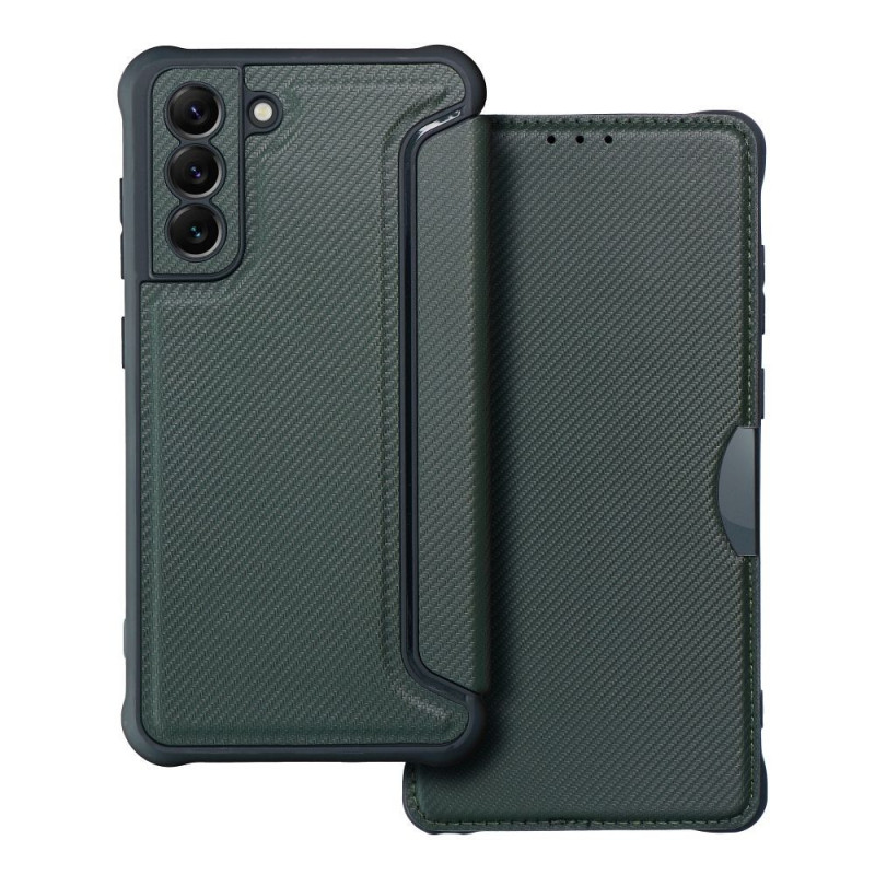 Samsung Galaxy S21 FE 5G Portefeuilles Razor Book Fibre de carbone, Modèle de carbone  Vert foncé