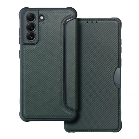 Samsung Galaxy S21 FE 5G Portefeuilles Razor Book Fibre de carbone, Modèle de carbone  Vert foncé