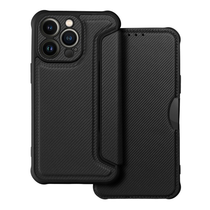 Apple iPhone 13 Pro Portefeuilles Razor Book Fibre de carbone, Modèle de carbone  Noir
