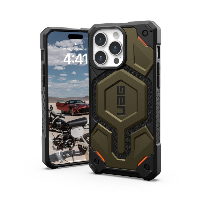 Apple iPhone 15 Pro Max Coque Urban Armor Gear Monarch Pro MagSAFE  Kevlar element green