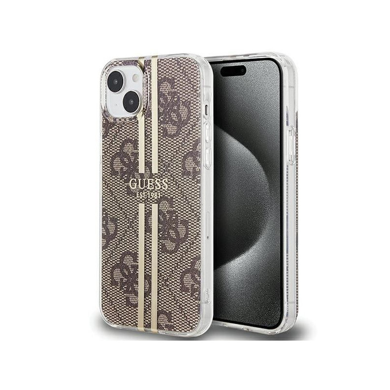 Apple iPhone 15 Plus Coque Guess 4G Gold Stripe Élégant  Brun