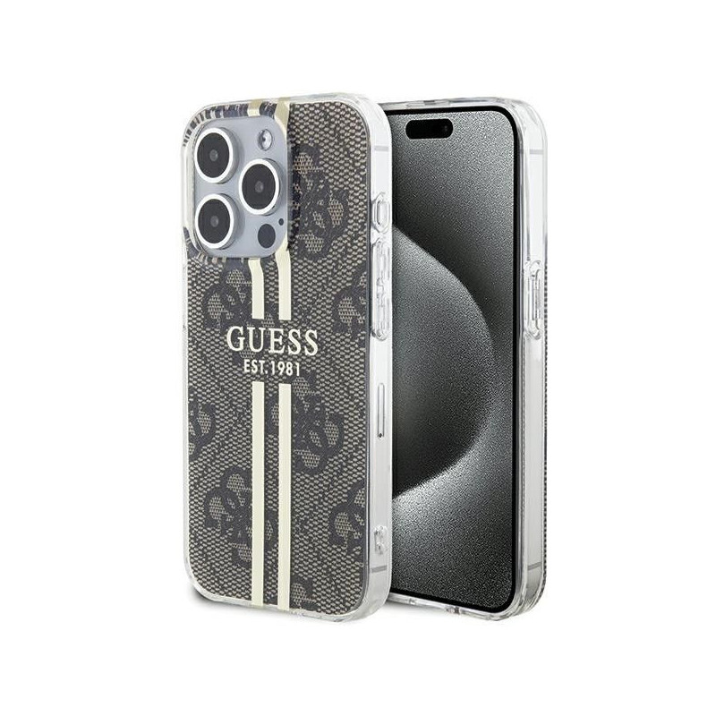 Apple iPhone 15 Pro Max Coque Guess 4G Gold Stripe Élégant  Brun