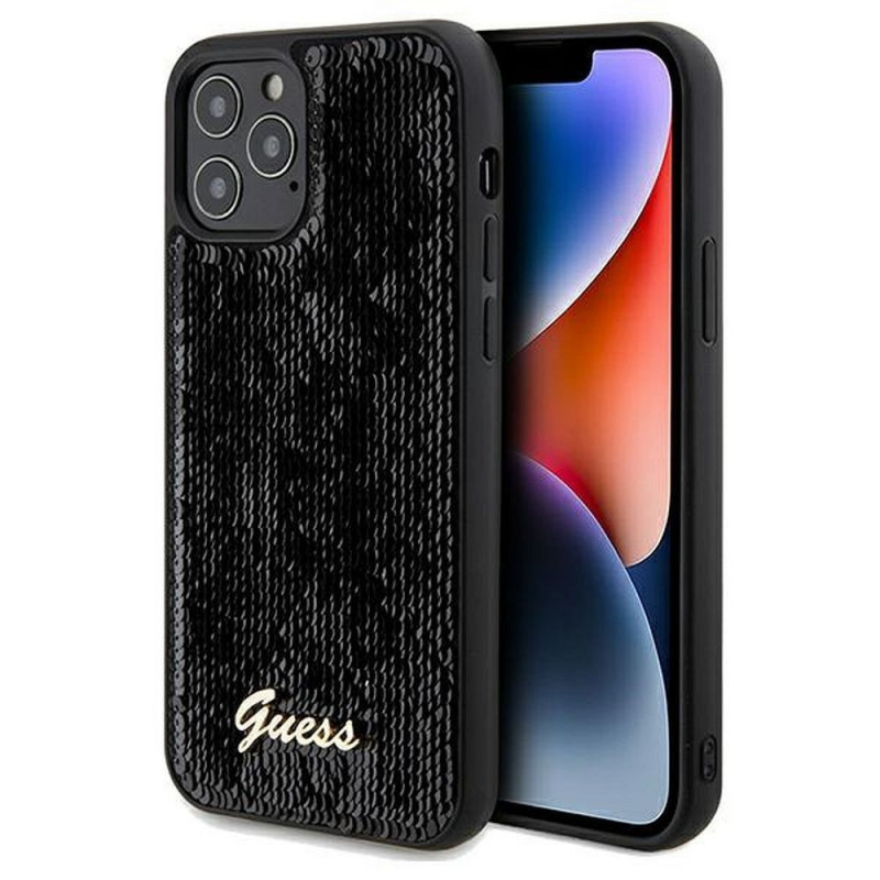 Apple iPhone 12 Coque Guess Sequin Script Metal Élégant  Noir