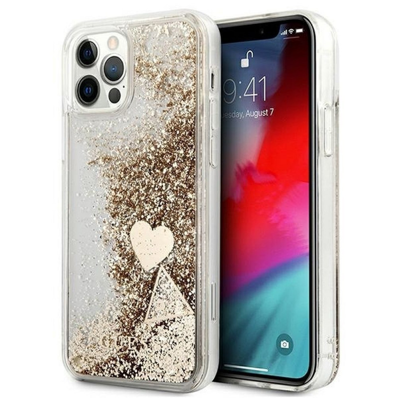 Apple iPhone 12 Coque Guess Liquide Glitter Charms Élégant  Or