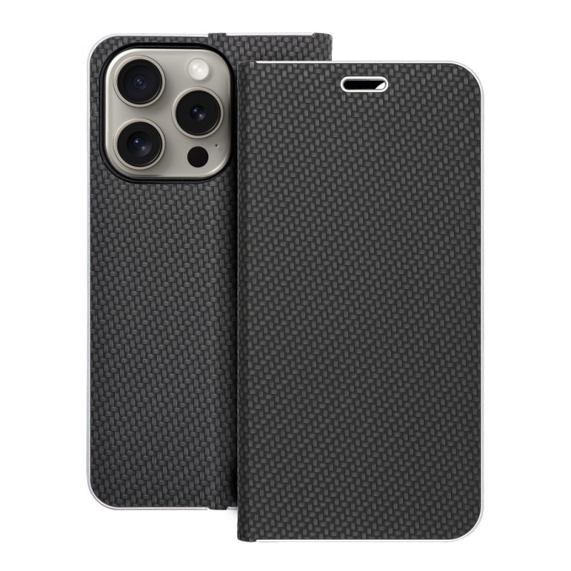 Apple iPhone 15 Pro Portefeuilles LUNA Book Carbon Fibre de carbone, Élégant  Noir