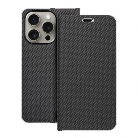 Apple iPhone 15 Pro Portefeuilles LUNA Book Carbon Fibre de carbone, Élégant  Noir