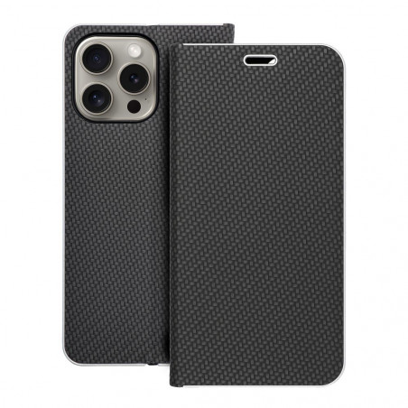 Apple iPhone 15 Pro Max Portefeuilles LUNA Book Carbon Fibre de carbone, Élégant  Noir
