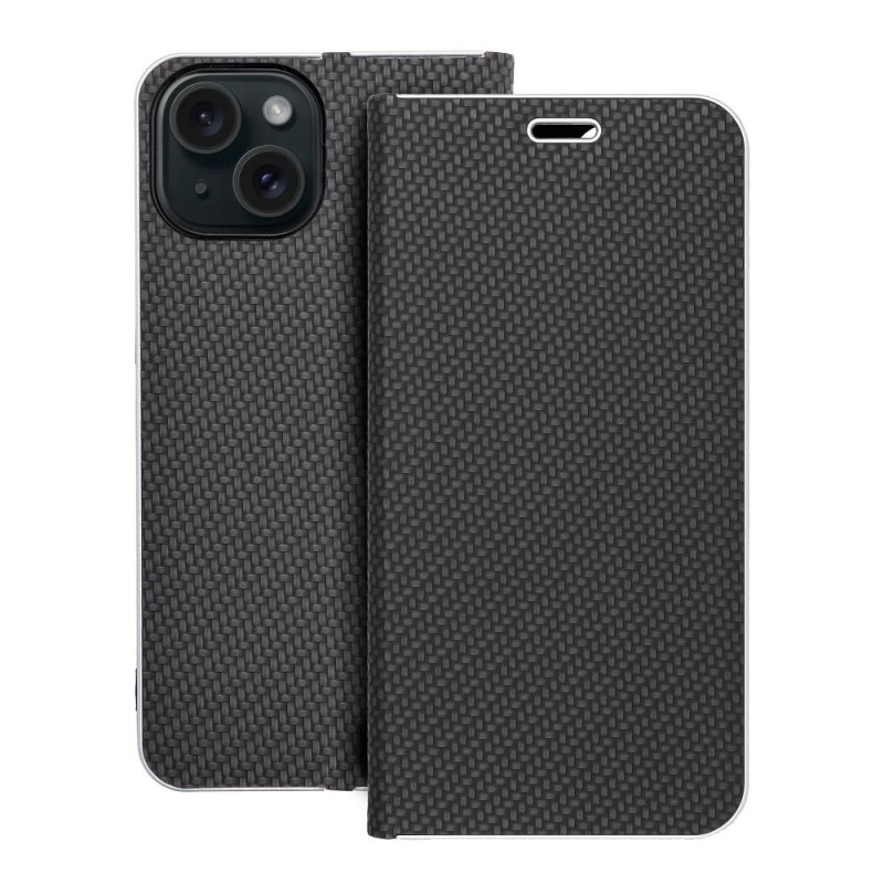 Apple iPhone 15 Portefeuilles LUNA Book Carbon Fibre de carbone, Élégant  Noir