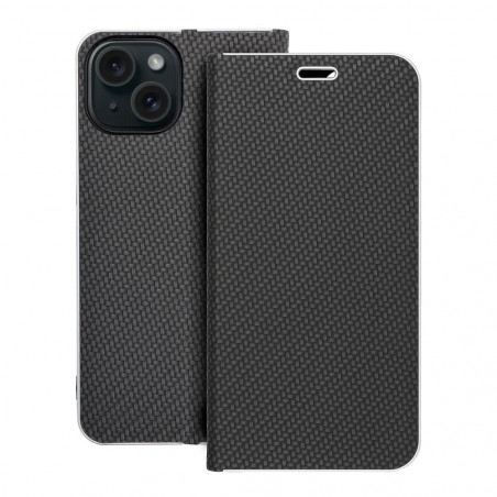 Apple iPhone 15 Portefeuilles LUNA Book Carbon Fibre de carbone, Élégant  Noir
