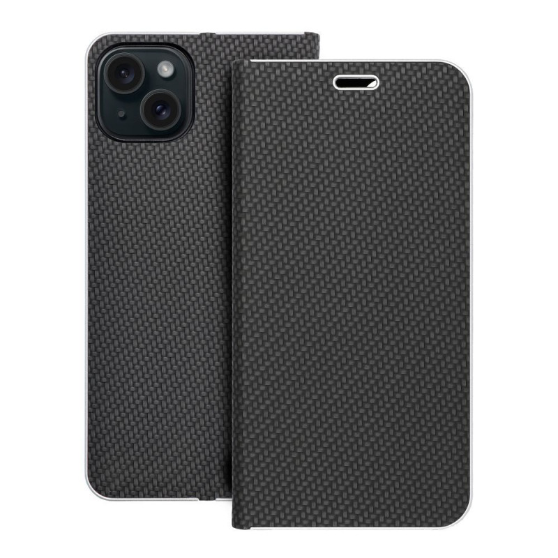 Apple iPhone 15 Plus Portefeuilles LUNA Book Carbon Fibre de carbone, Élégant  Noir