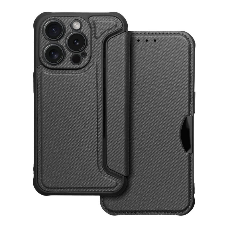 Apple iPhone 15 Pro Portefeuilles Razor Book Fibre de carbone, Modèle de carbone  Noir