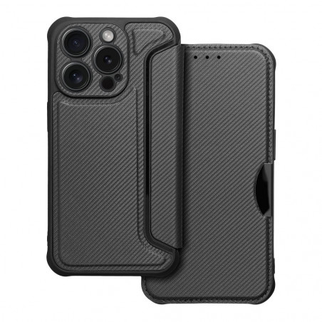 Apple iPhone 15 Pro Portefeuilles Razor Book Fibre de carbone, Modèle de carbone  Noir