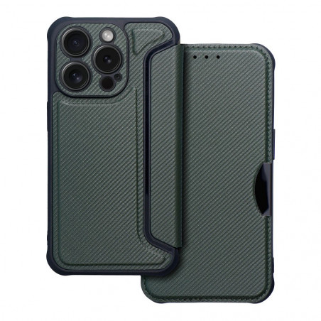 Apple iPhone 15 Pro Portefeuilles Razor Book Fibre de carbone, Modèle de carbone  Vert foncé