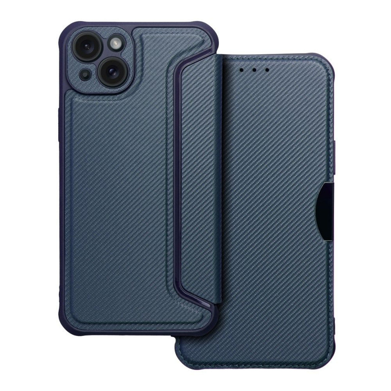 Apple iPhone 15 Plus Portefeuilles Razor Book Fibre de carbone, Modèle de carbone  Bleu