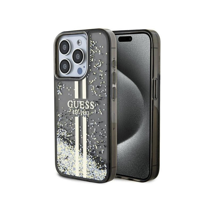 Apple iPhone 15 Pro Max Coque Guess Liquid Glitter Gold Stripes Noir