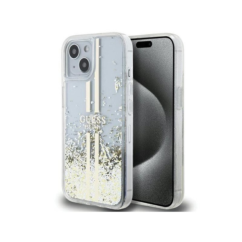 Apple iPhone 15 Plus Coque Guess Liquid Glitter Gold Stripes Transparent