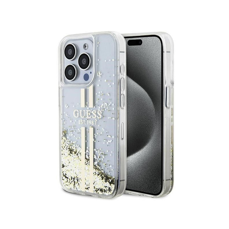 Apple iPhone 15 Pro Coque Guess Liquid Glitter Gold Stripes Transparent