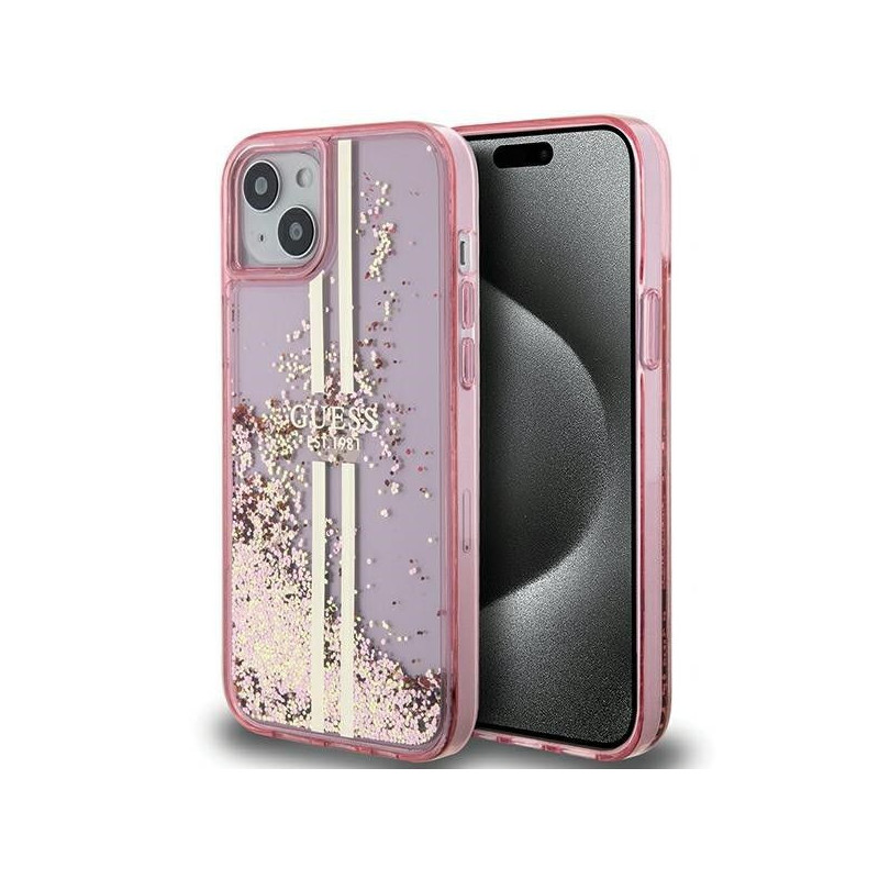 Apple iPhone 15 Plus Coque Guess Liquid Glitter Gold Stripes Rose