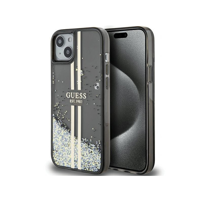 Apple iPhone 15 Plus Coque Guess Liquid Glitter Gold Stripes Noir