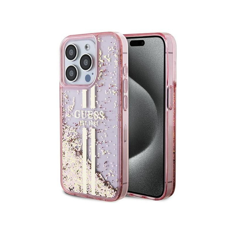 Apple iPhone 15 Pro Coque Guess Liquid Glitter Gold Stripes Rose