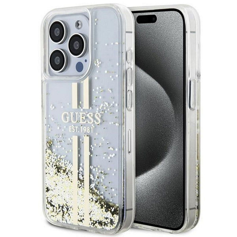 Apple iPhone 15 Pro Max Coque Guess Liquid Glitter Gold Stripes Transparent