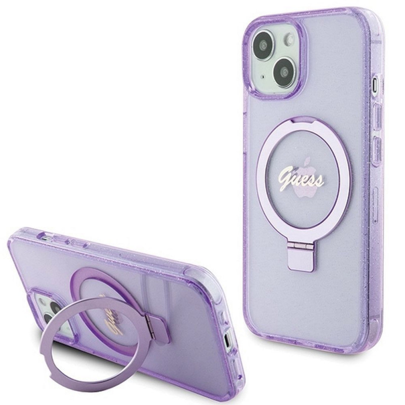 Apple iPhone 15 Plus Coque Guess Glitter Script Logo - Ring stand MagSAFE  Violet (Purple)