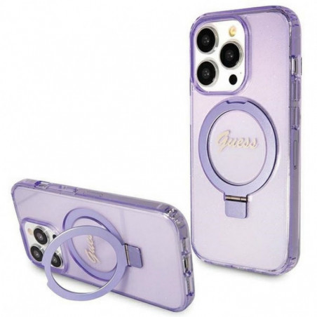 Apple iPhone 15 Pro Coque Guess Glitter Script Logo - Ring stand MagSAFE  Violet (Purple)