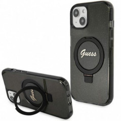 Apple iPhone 15 Coque Guess Glitter Script Logo - Ring stand MagSAFE  Noir