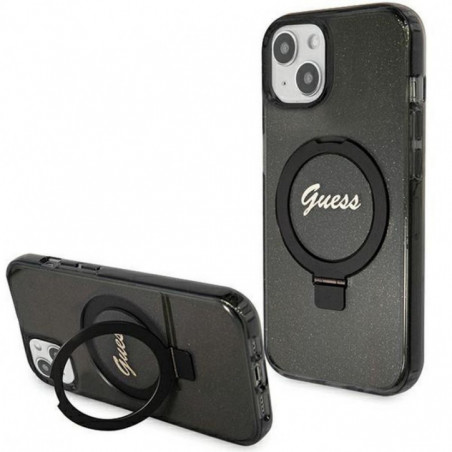 Apple iPhone 15 Coque Guess Glitter Script Logo - Ring stand MagSAFE  Noir