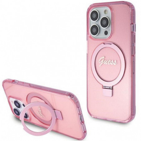 Apple iPhone 15 Pro Max Coque Guess Glitter Script Logo - Ring stand MagSAFE  Rose