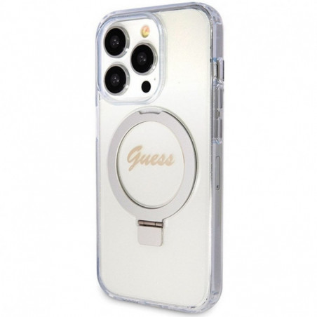 Apple iPhone 15 Pro Max Coque Guess Glitter Script Logo - Ring stand MagSAFE  Transparent