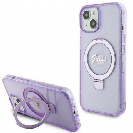 Apple iPhone 15 Coque Guess Glitter Script Logo - Ring stand MagSAFE  Violet (Purple)