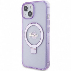 Apple iPhone 15 Coque Guess Glitter Script Logo - Ring stand MagSAFE  Violet (Purple)