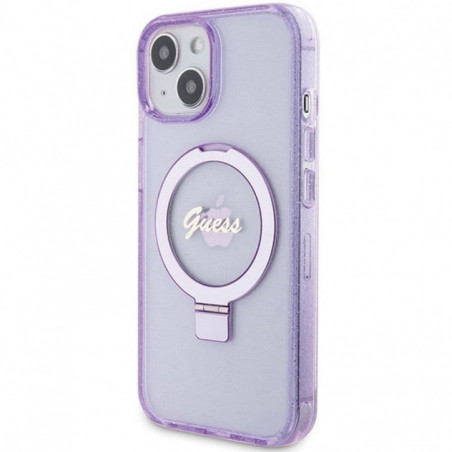 Apple iPhone 15 Coque Guess Glitter Script Logo - Ring stand MagSAFE  Violet (Purple)