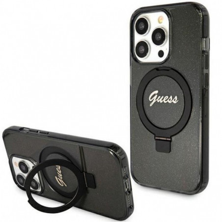 Apple iPhone 15 Pro Coque Guess Glitter Script Logo - Ring stand MagSAFE  Noir