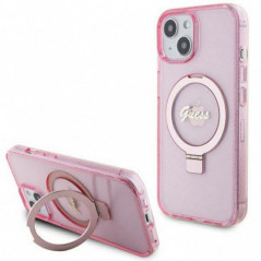 Apple iPhone 15 Coque Guess Glitter Script Logo - Ring stand MagSAFE  Rose