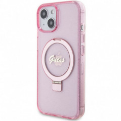 Apple iPhone 15 Coque Guess Glitter Script Logo - Ring stand MagSAFE  Rose
