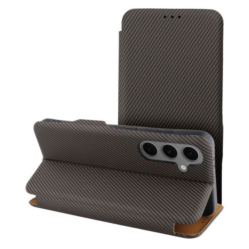 Samsung Galaxy S25 Portefeuilles FOLIO Side Magnet Élégant, Modèle de carbone  Brun