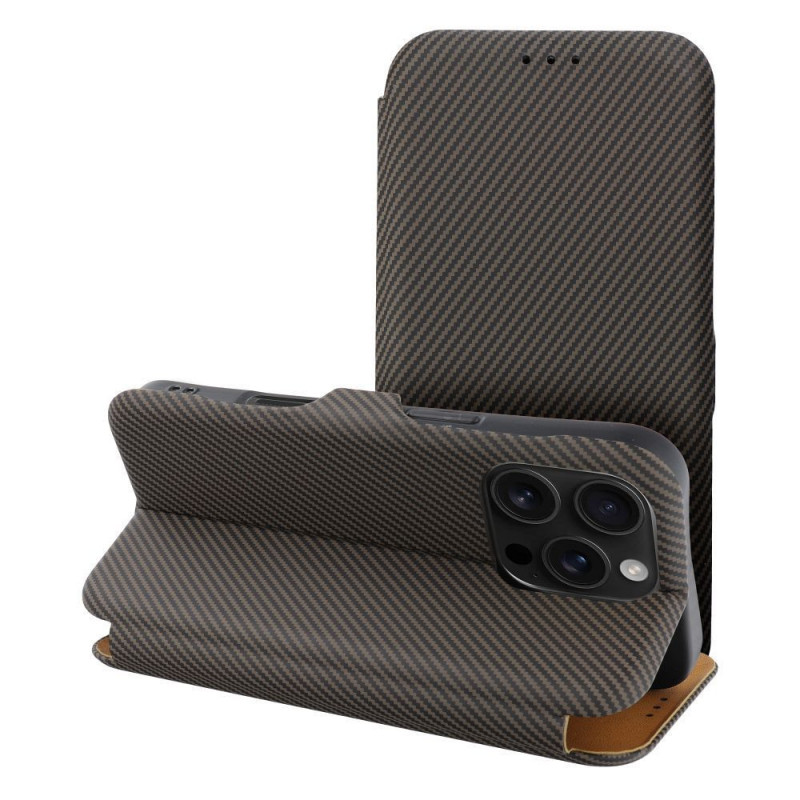 Apple iPhone 16 Pro Max Portefeuilles FOLIO Side Magnet Élégant, Modèle de carbone  Brun